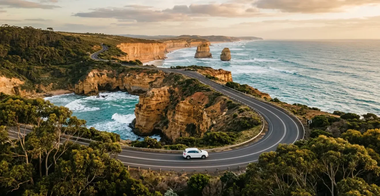 Australian coastal highway with rental car driving along scenic ocean road