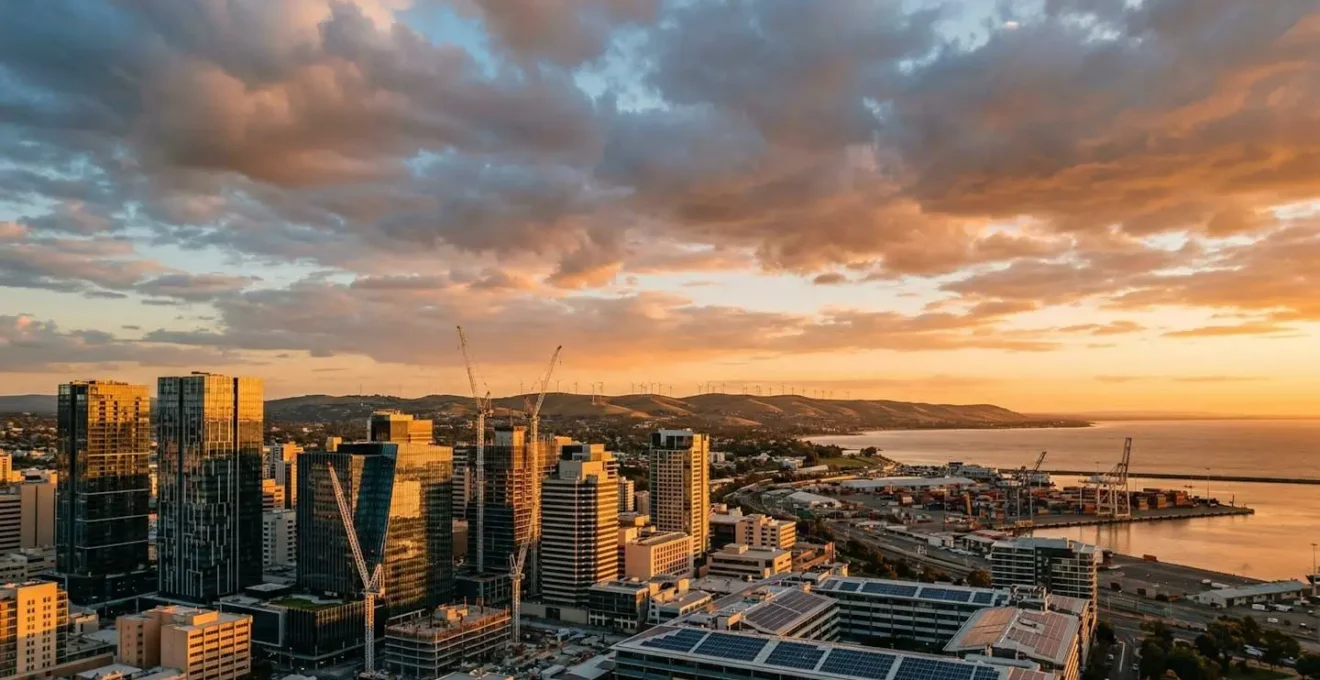 Modern Australian cityscape with renewable energy infrastructure and technology overlay