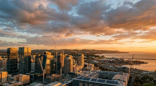 Modern Australian cityscape with renewable energy infrastructure and technology overlay