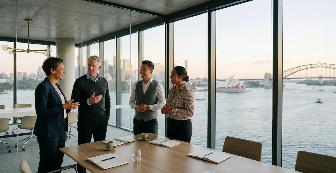 Australian executives in collaborative boardroom discussion with Sydney Opera House view