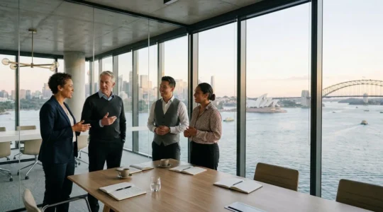 Australian executives in collaborative boardroom discussion with Sydney Opera House view