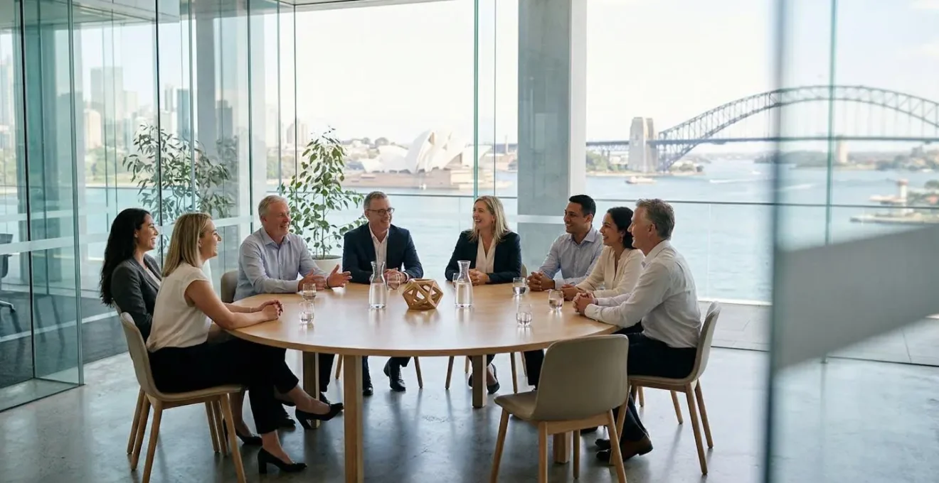 Australian business professionals engaged in collaborative decision making in modern office