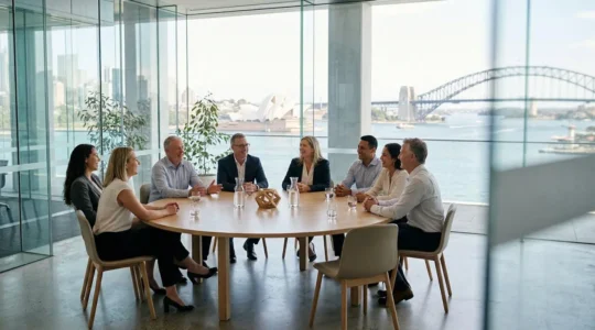 Australian business professionals engaged in collaborative decision making in modern office