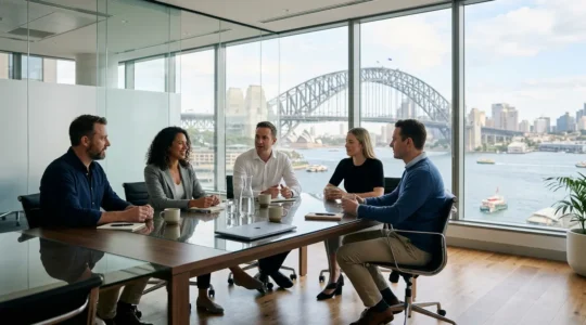 Professional business meeting in modern Australian office showcasing cultural business etiquette