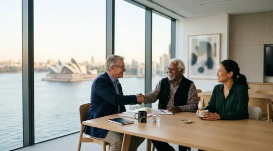 Business professionals in an Australian corporate boardroom demonstrating respectful meeting etiquette