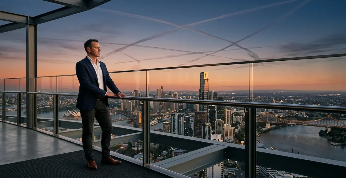 Business professional standing between multiple Australian city skylines at twilight viewing flight path connections