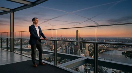 Business professional standing between multiple Australian city skylines at twilight viewing flight path connections