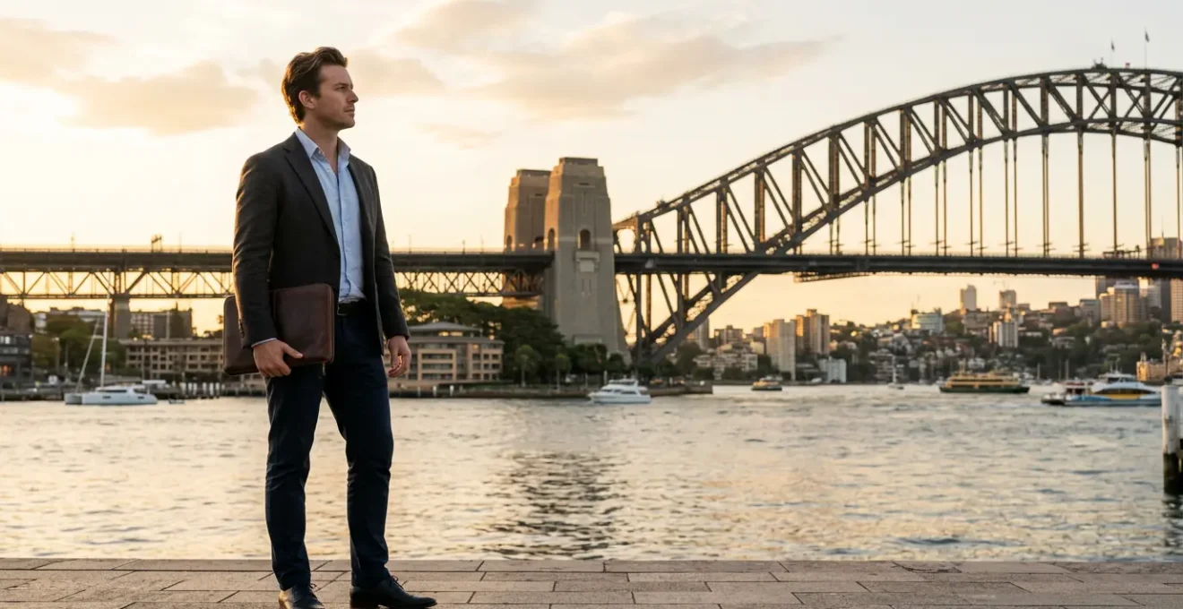 Professional business traveler reviewing documents at Sydney Harbour Bridge during golden hour