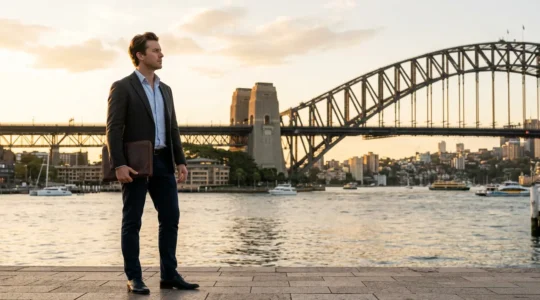 Professional business traveler reviewing documents at Sydney Harbour Bridge during golden hour
