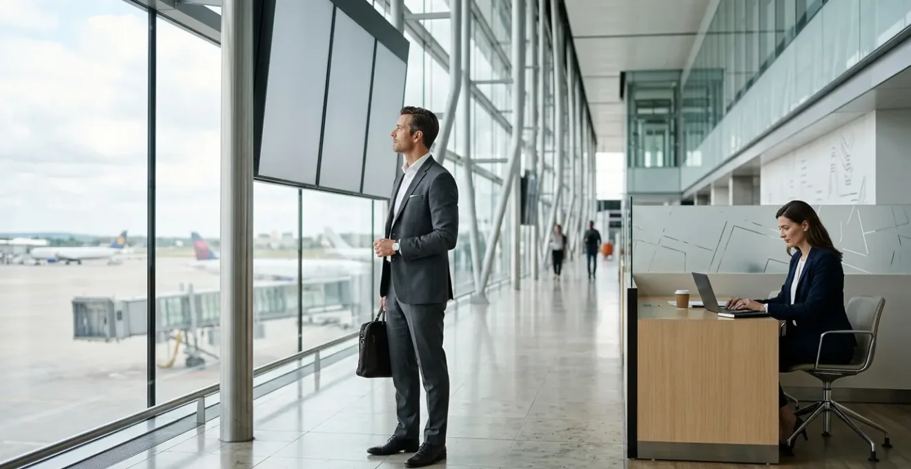 Business professionals in modern airport lounge weighing travel options
