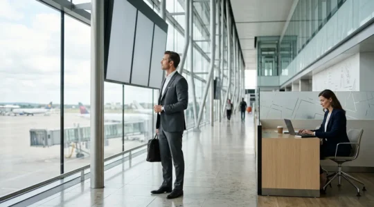 Business professionals in modern airport lounge weighing travel options