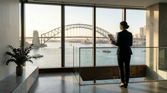 Executive planning corporate assignment in modern Sydney office overlooking harbor