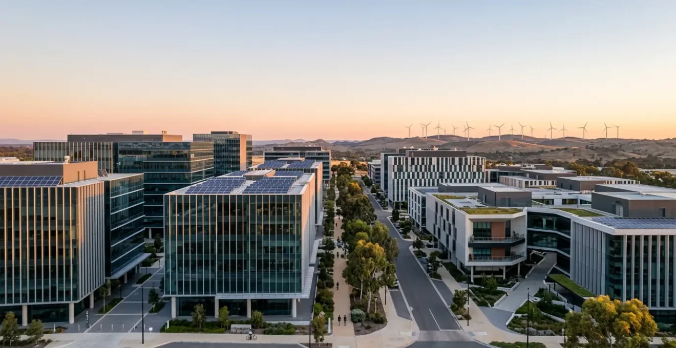 Modern Australian cityscape showcasing diverse economic sectors from services to green energy