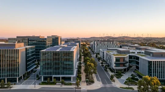 Modern Australian cityscape showcasing diverse economic sectors from services to green energy