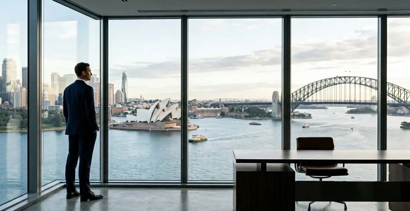 Professional executive overlooking Sydney harbor from a modern office, symbolizing the Australian market opportunity for international talent