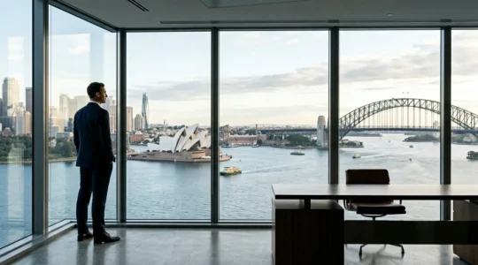 Professional executive overlooking Sydney harbor from a modern office, symbolizing the Australian market opportunity for international talent