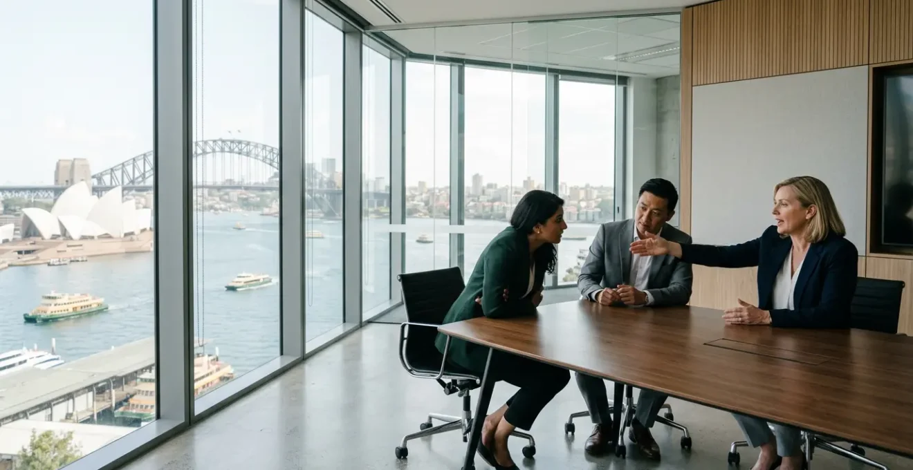 Australian executives in a modern Sydney boardroom discussing business communication strategies