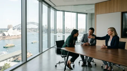 Australian executives in a modern Sydney boardroom discussing business communication strategies