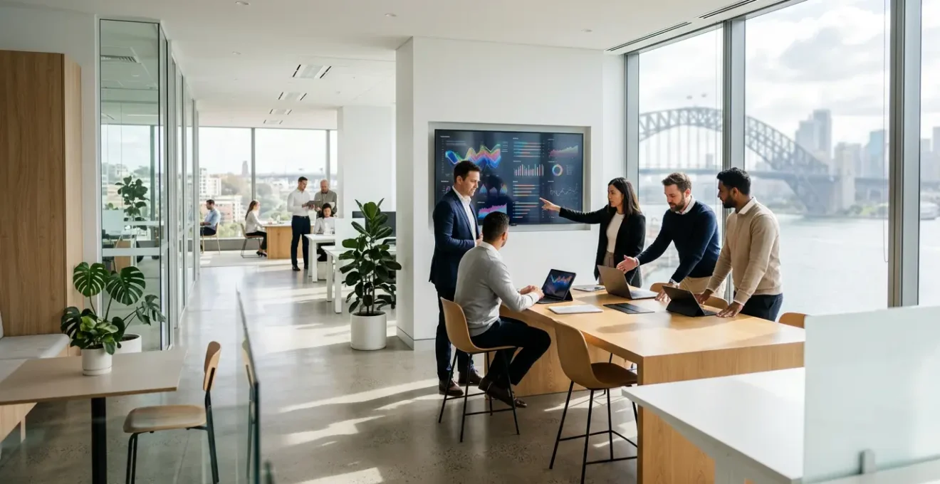 Modern Australian fintech professionals working in collaborative space with Sydney skyline visible through floor-to-ceiling windows