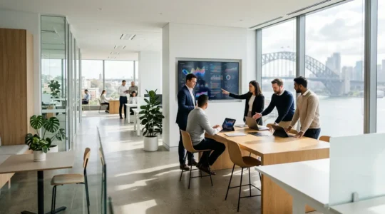 Modern Australian fintech professionals working in collaborative space with Sydney skyline visible through floor-to-ceiling windows