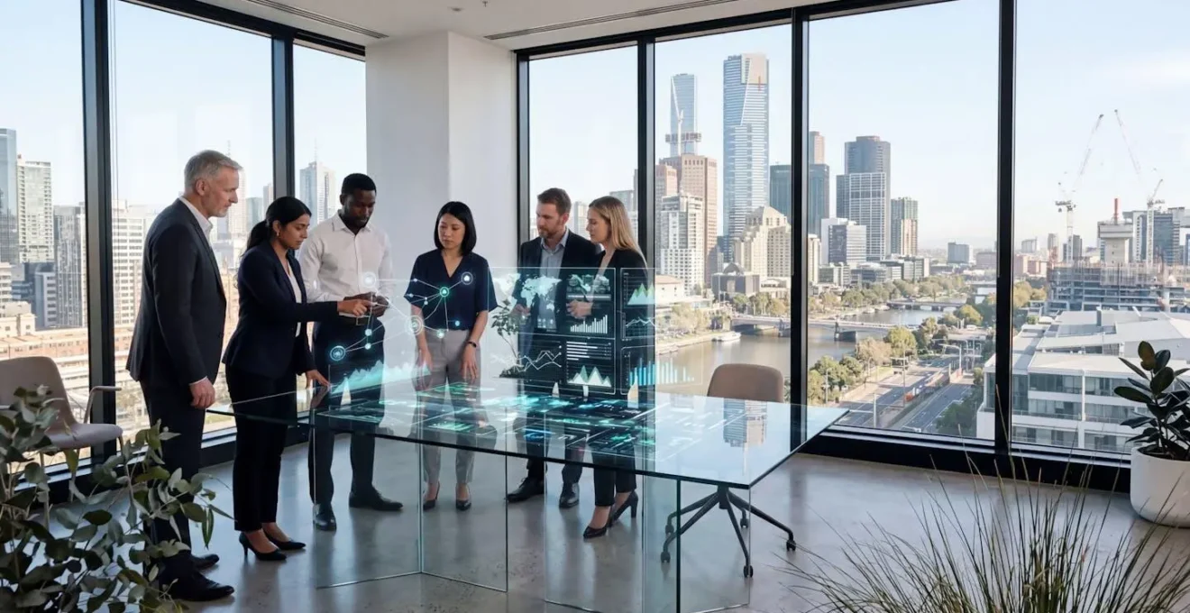 Business professionals analyzing Australian labour market data and skill gaps in modern office setting