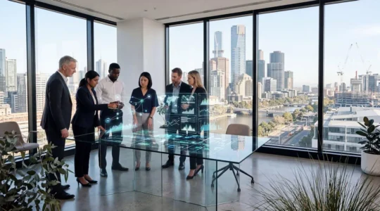 Business professionals analyzing Australian labour market data and skill gaps in modern office setting