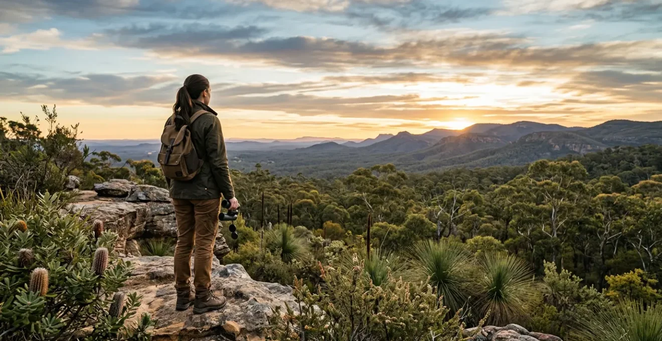 Professional adventurer with sustainable gear observing native wildlife in Australian bushland at golden hour