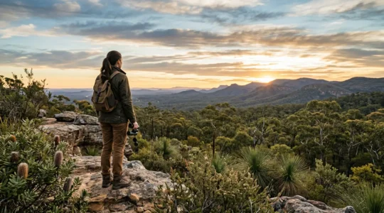 Professional adventurer with sustainable gear observing native wildlife in Australian bushland at golden hour