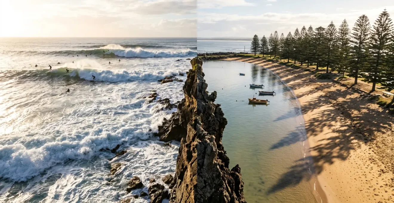 Split composition showing contrasting beach personalities with Bondi's energetic surf culture on left and Manly's relaxed family atmosphere on right