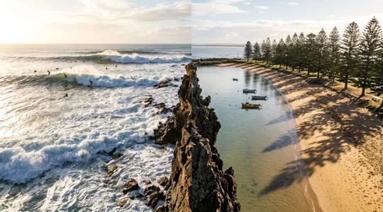 Split composition showing contrasting beach personalities with Bondi's energetic surf culture on left and Manly's relaxed family atmosphere on right