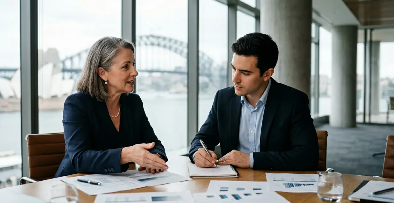 Professional meeting discussing Australian visa pathways with documents and charts on table
