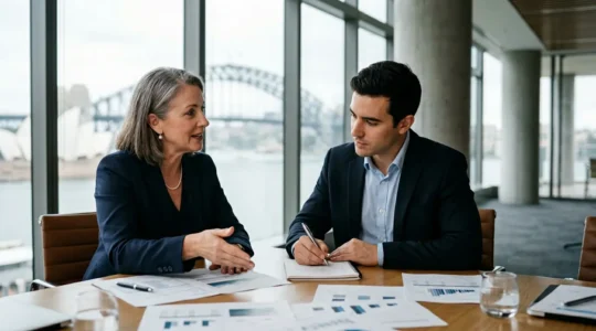 Professional meeting discussing Australian visa pathways with documents and charts on table