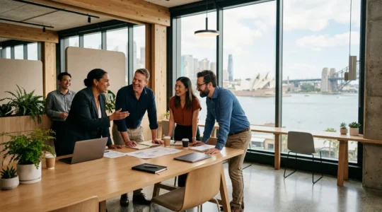 Business professionals engaged in collaborative discussion showcasing trust and partnership