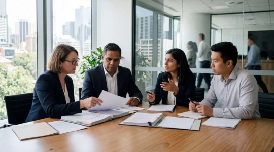 Professional business team reviewing compliance documents in modern office setting