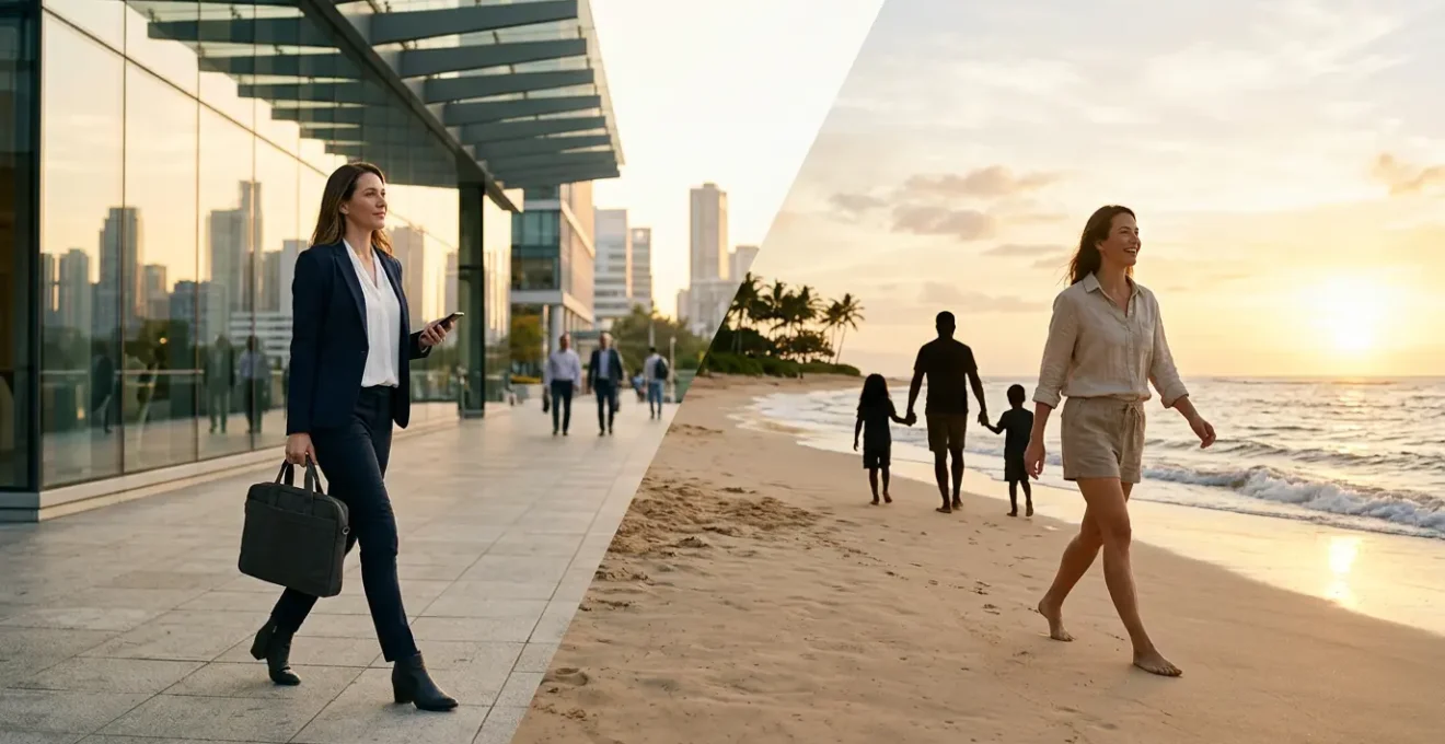 Split scene showing business professional in meeting transitioning to family enjoying beach vacation