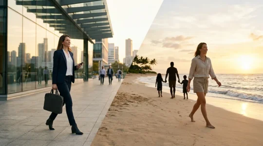 Split scene showing business professional in meeting transitioning to family enjoying beach vacation