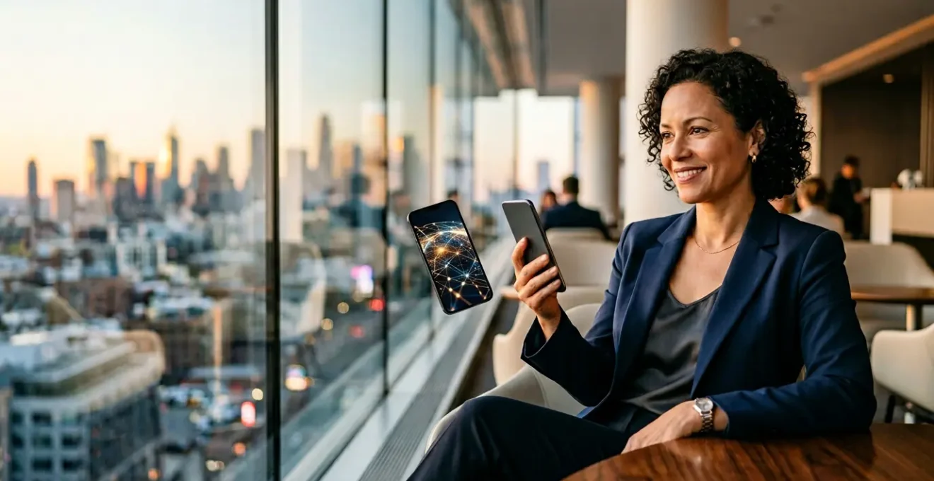 Business professional using smartphone with multiple network signals overlapping across global map