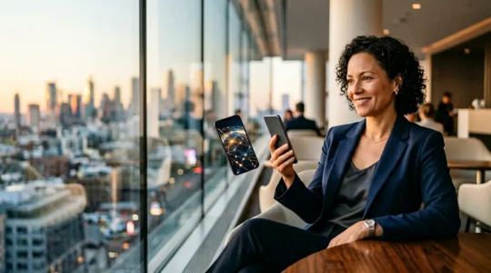 Business professional using smartphone with multiple network signals overlapping across global map
