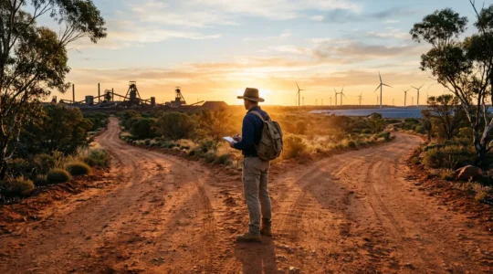 Professional at crossroads between mining and renewable energy sectors in Australian landscape