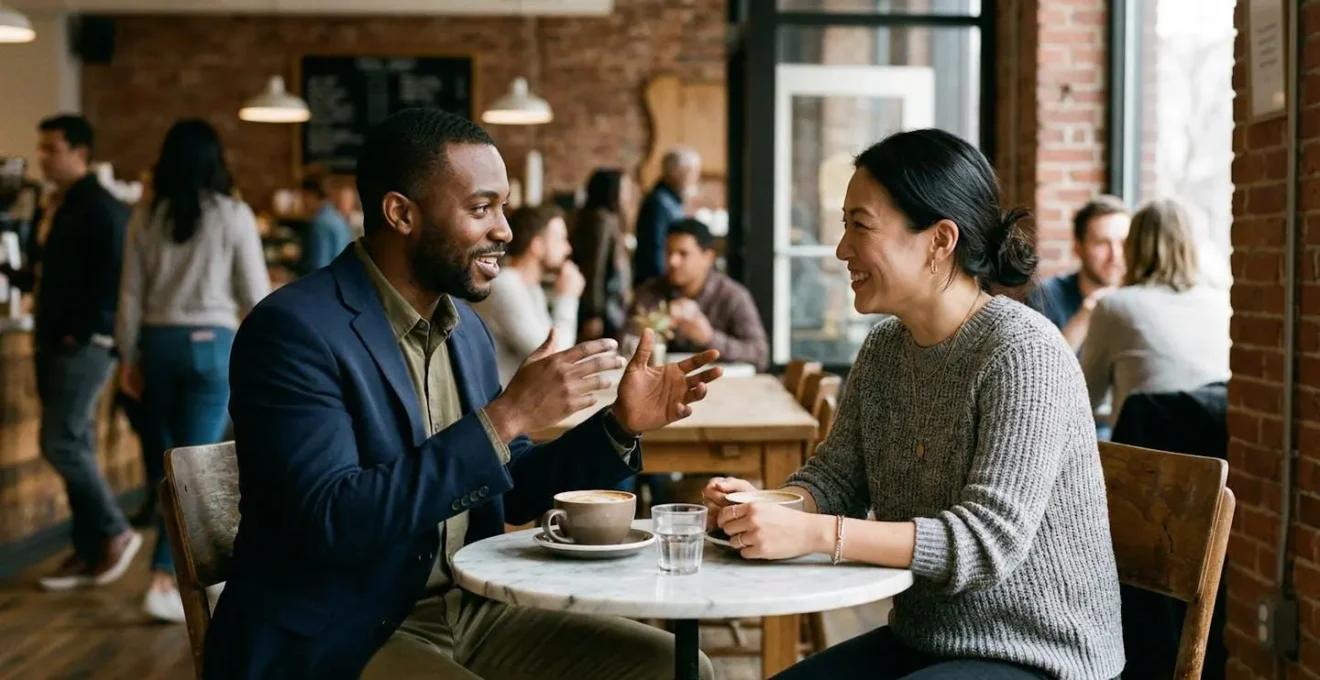 Business professionals having coffee meeting in modern cafe with natural lighting