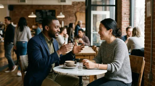 Business professionals having coffee meeting in modern cafe with natural lighting