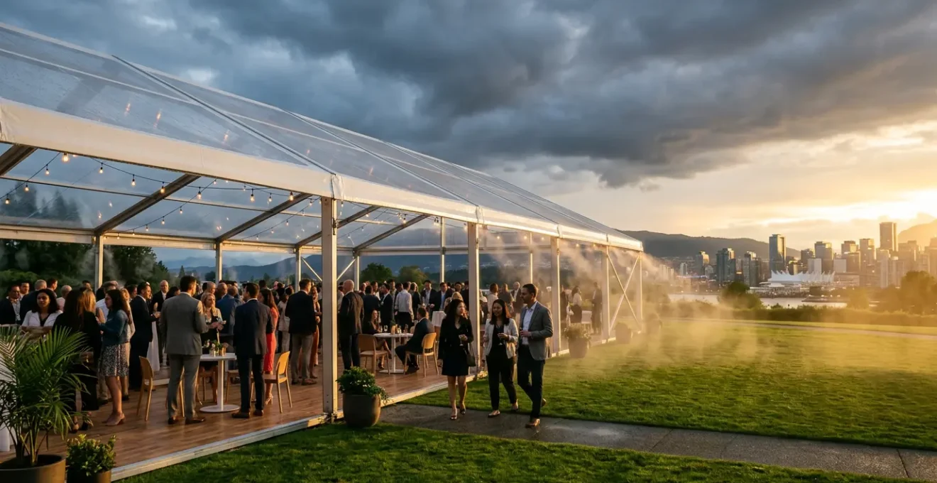 Professional outdoor corporate event with weather protection measures and elegant tent setup