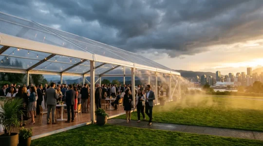 Professional outdoor corporate event with weather protection measures and elegant tent setup