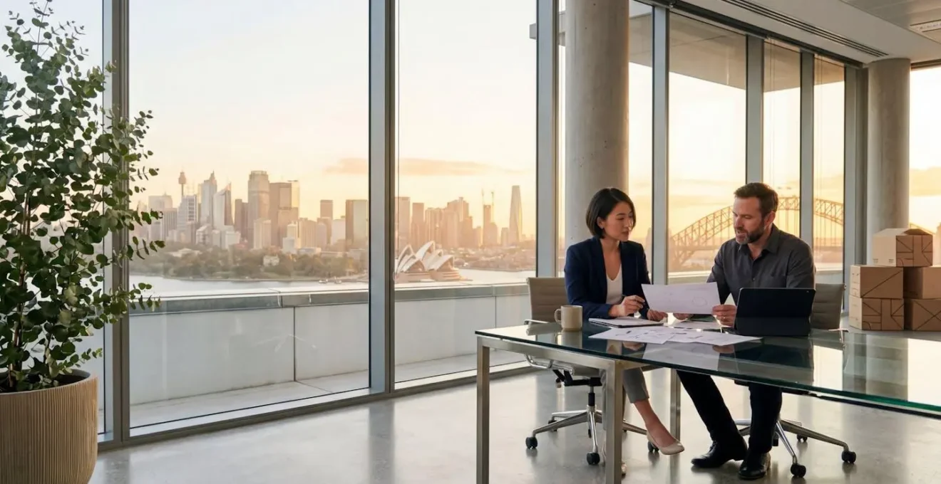 Business professionals reviewing relocation documents with Australian cityscape visible through window