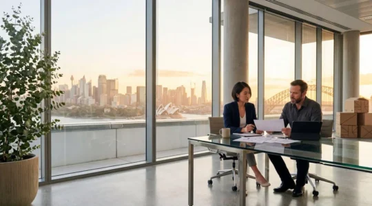 Business professionals reviewing relocation documents with Australian cityscape visible through window