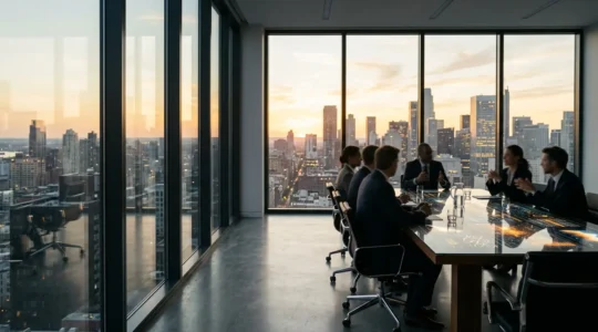 Corporate travel planning strategy meeting with financial data visualization