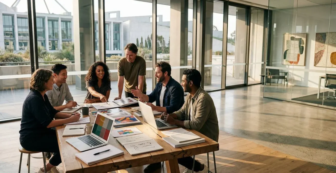 Creative professionals collaborating in a bright workshop space with Australian government architecture visible through windows