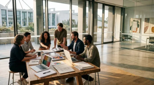 Creative professionals collaborating in a bright workshop space with Australian government architecture visible through windows