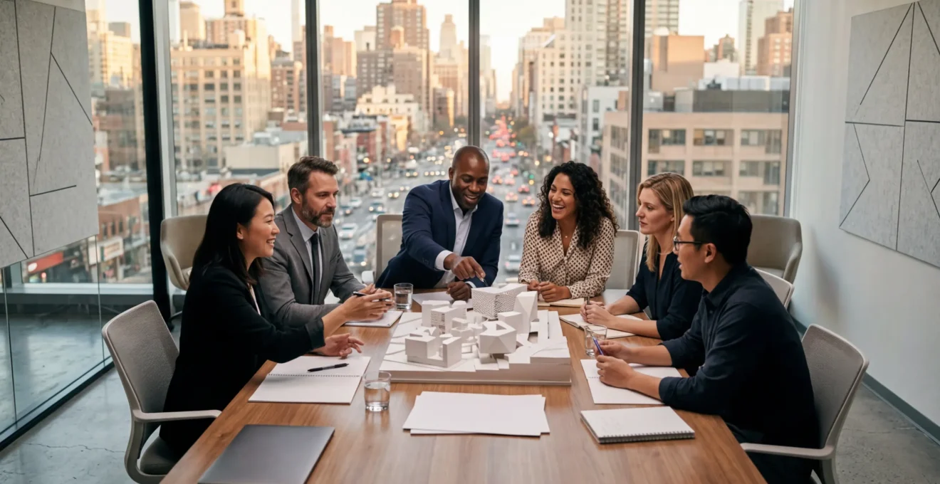 International business team in modern office space with diverse professionals collaborating