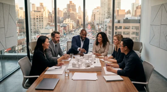 International business team in modern office space with diverse professionals collaborating